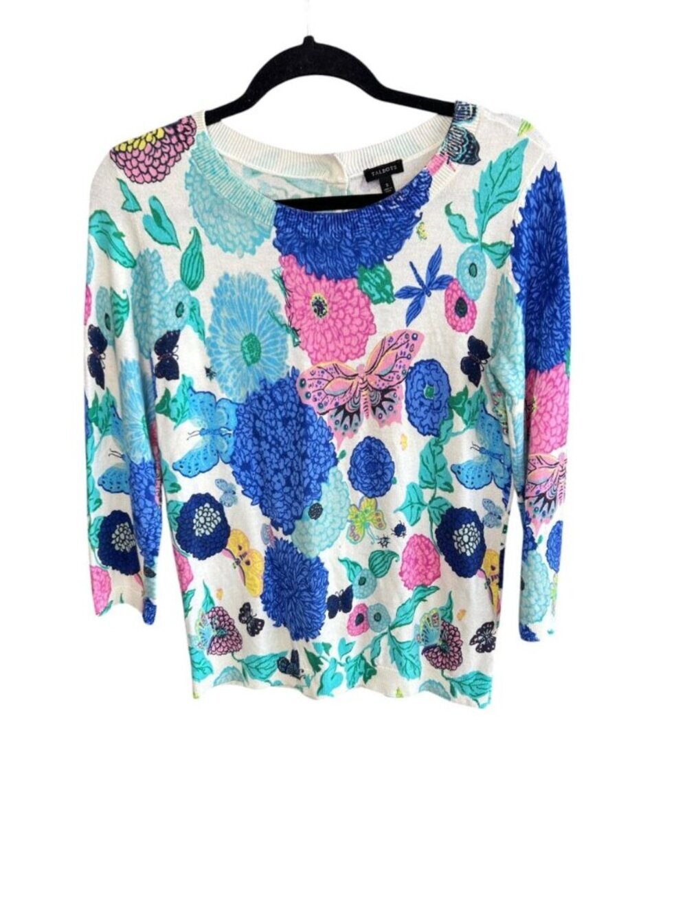 Talbots Floral Butterfly Lightweight Sweater Back Button Cardigan Size Small